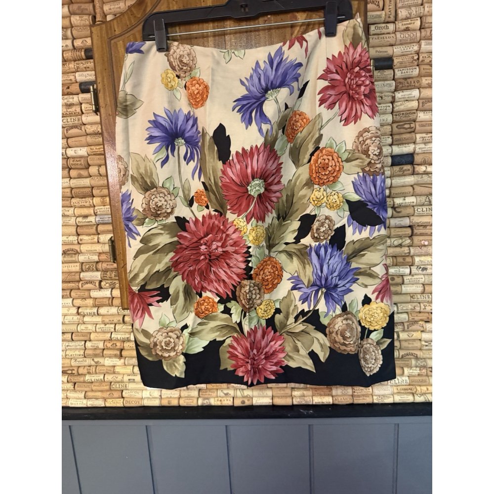 Vintage Y2K TALBOTS Silk/Wool Blend Colorful Floral Midi Skirt Size 14
